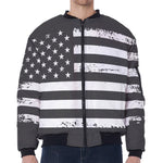 Grey And White American Flag Print Zip Sleeve Bomber Jacket