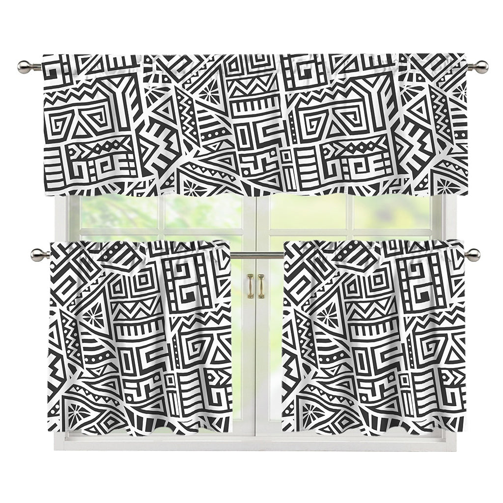 Grey And White Aztec Pattern Print 3 Piece Kitchen Curtains