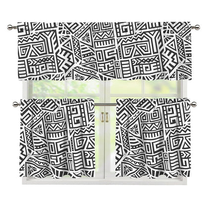 Grey And White Aztec Pattern Print 3 Piece Kitchen Curtains