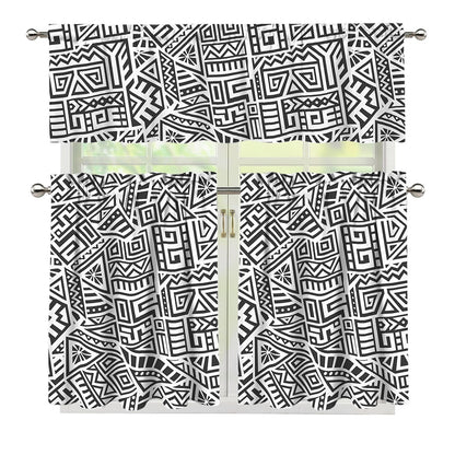 Grey And White Aztec Pattern Print 3 Piece Kitchen Curtains