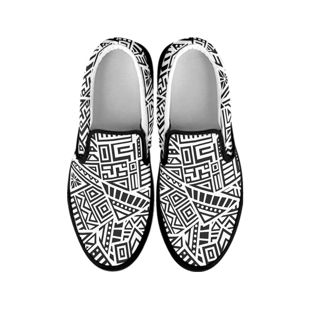 Grey And White Aztec Pattern Print Black Slip On Sneakers