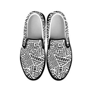 Grey And White Aztec Pattern Print Black Slip On Sneakers