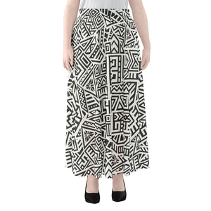 Grey And White Aztec Pattern Print Chiffon Maxi Skirt