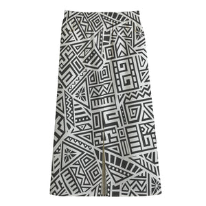 Grey And White Aztec Pattern Print Cotton Front Slit Maxi Skirt