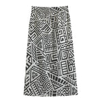 Grey And White Aztec Pattern Print Cotton Front Slit Maxi Skirt