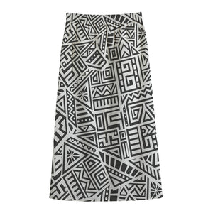 Grey And White Aztec Pattern Print Cotton Front Slit Maxi Skirt