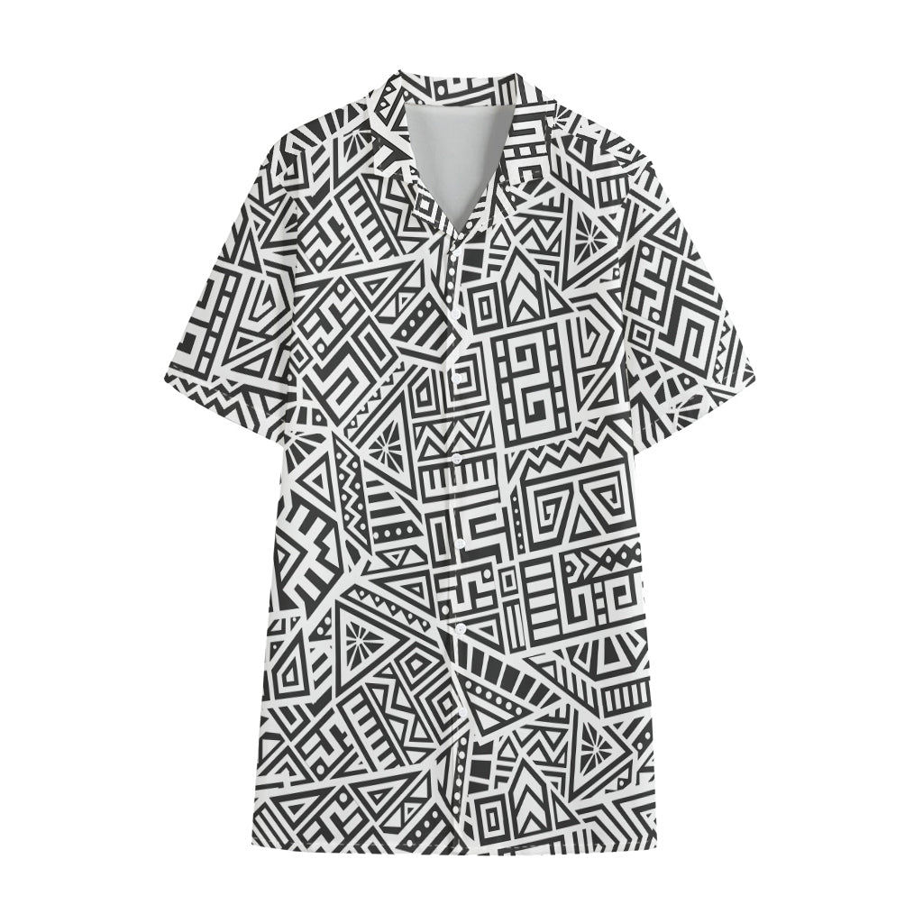 Grey And White Aztec Pattern Print Cotton Hawaiian Shirt