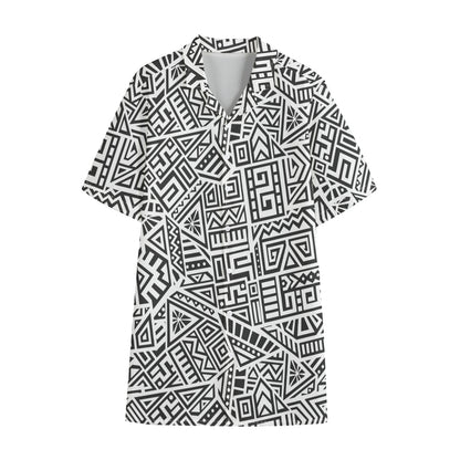 Grey And White Aztec Pattern Print Cotton Hawaiian Shirt