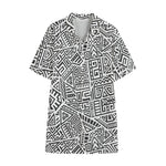 Grey And White Aztec Pattern Print Cotton Hawaiian Shirt
