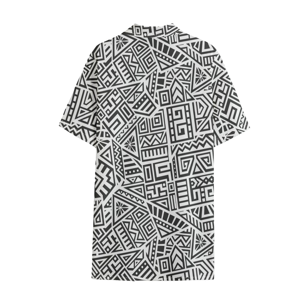 Grey And White Aztec Pattern Print Cotton Hawaiian Shirt