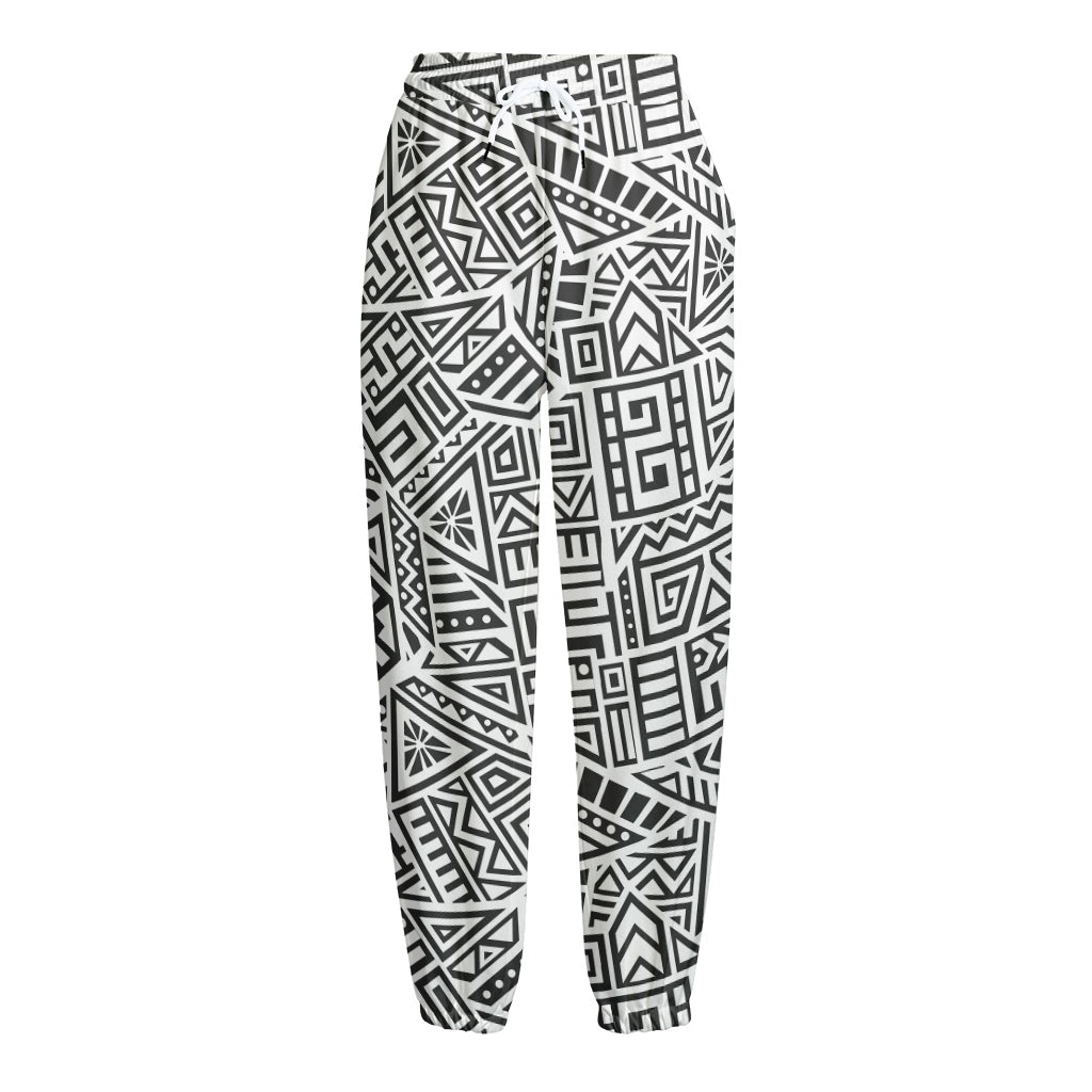 Grey And White Aztec Pattern Print Fleece Lined Knit Pants