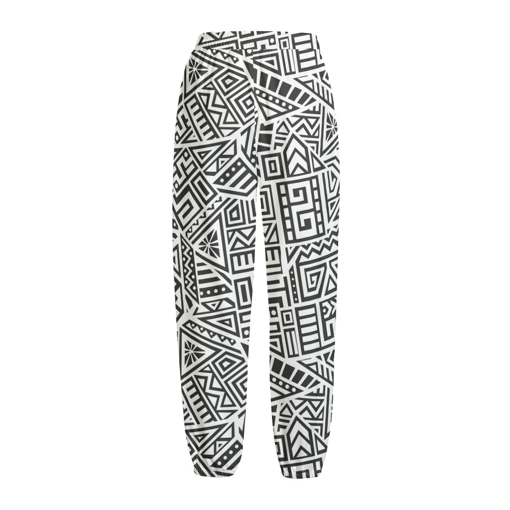 Grey And White Aztec Pattern Print Fleece Lined Knit Pants