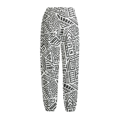 Grey And White Aztec Pattern Print Fleece Lined Knit Pants