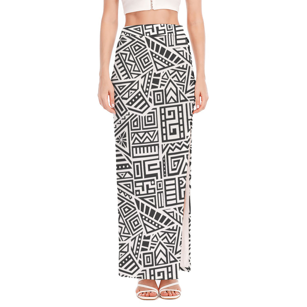 Grey And White Aztec Pattern Print High Slit Maxi Skirt