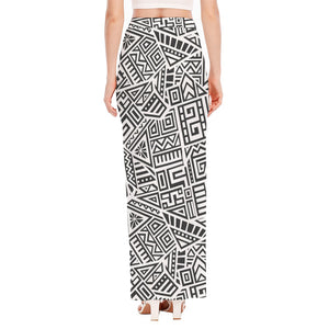 Grey And White Aztec Pattern Print High Slit Maxi Skirt