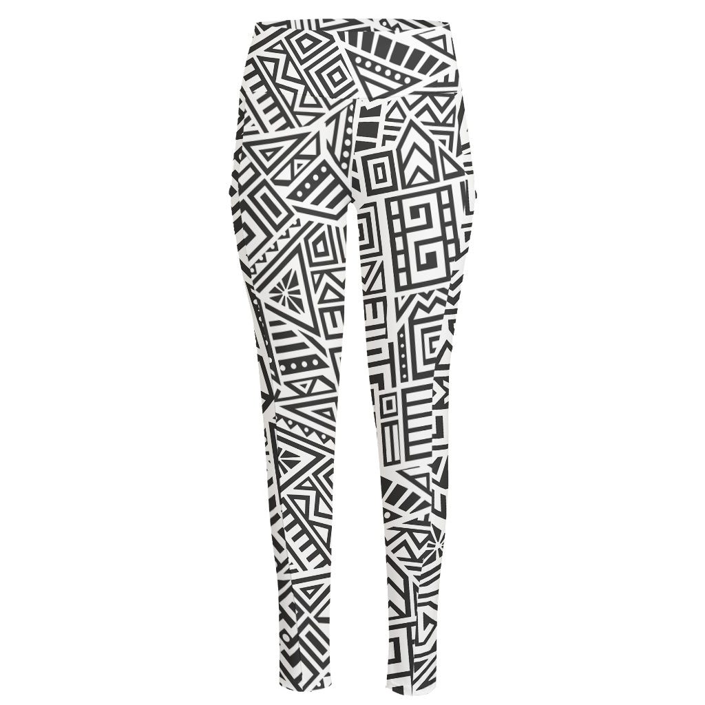 Grey And White Aztec Pattern Print High-Waisted Pocket Leggings