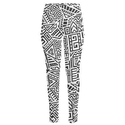 Grey And White Aztec Pattern Print High-Waisted Pocket Leggings
