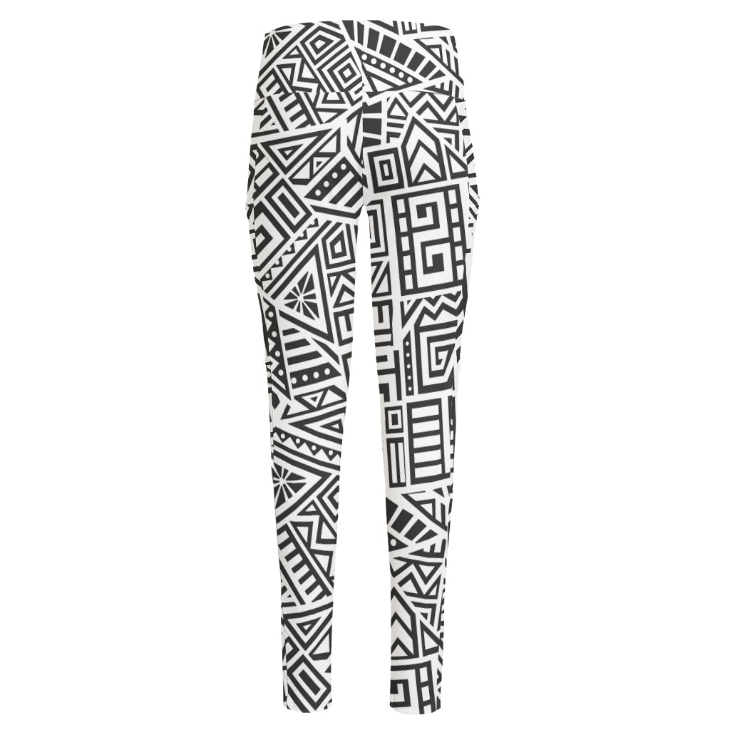 Grey And White Aztec Pattern Print High-Waisted Pocket Leggings