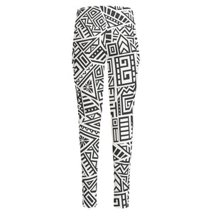 Grey And White Aztec Pattern Print High-Waisted Pocket Leggings