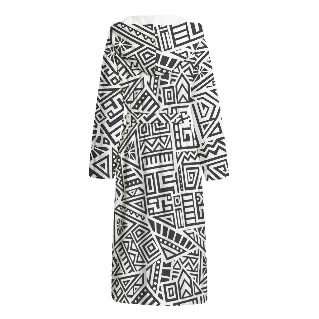 Grey And White Aztec Pattern Print Hooded Bathrobe