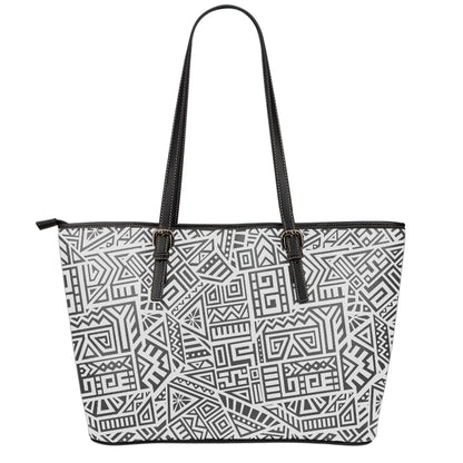 Grey And White Aztec Pattern Print Leather Tote Bag