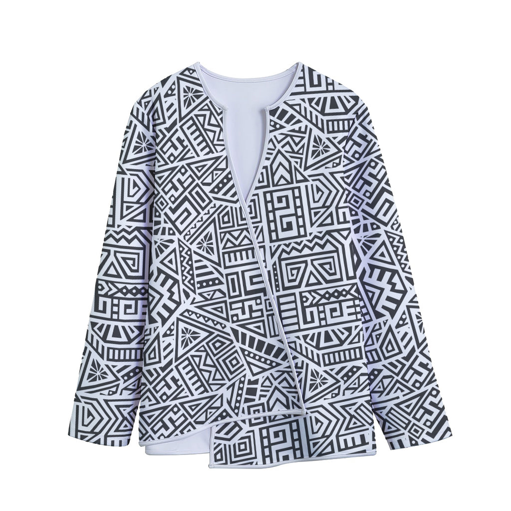 Grey And White Aztec Pattern Print Long Sleeve Short Coat