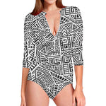 Grey And White Aztec Pattern Print Long Sleeve Swimsuit