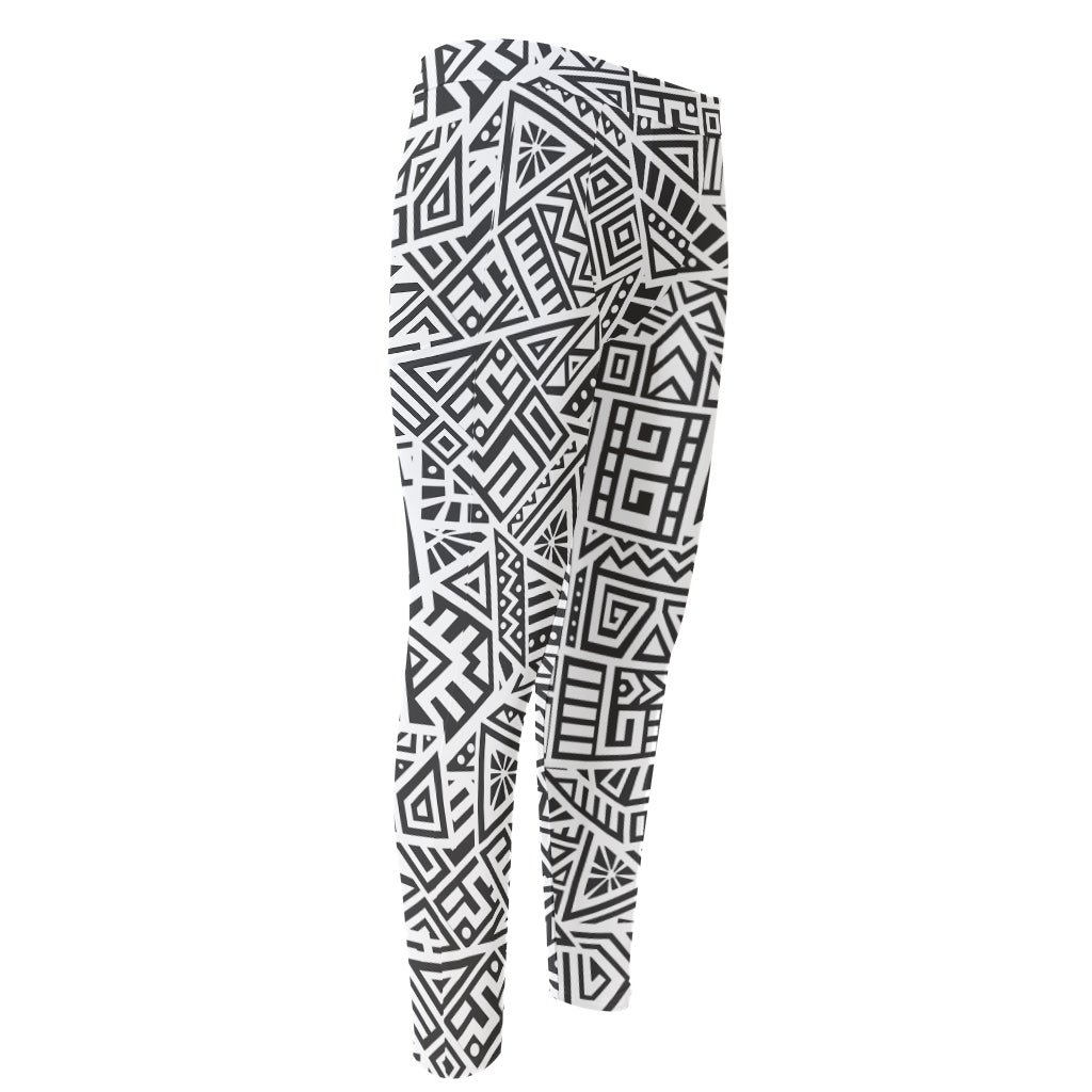 Grey And White Aztec Pattern Print Men's Compression Pants