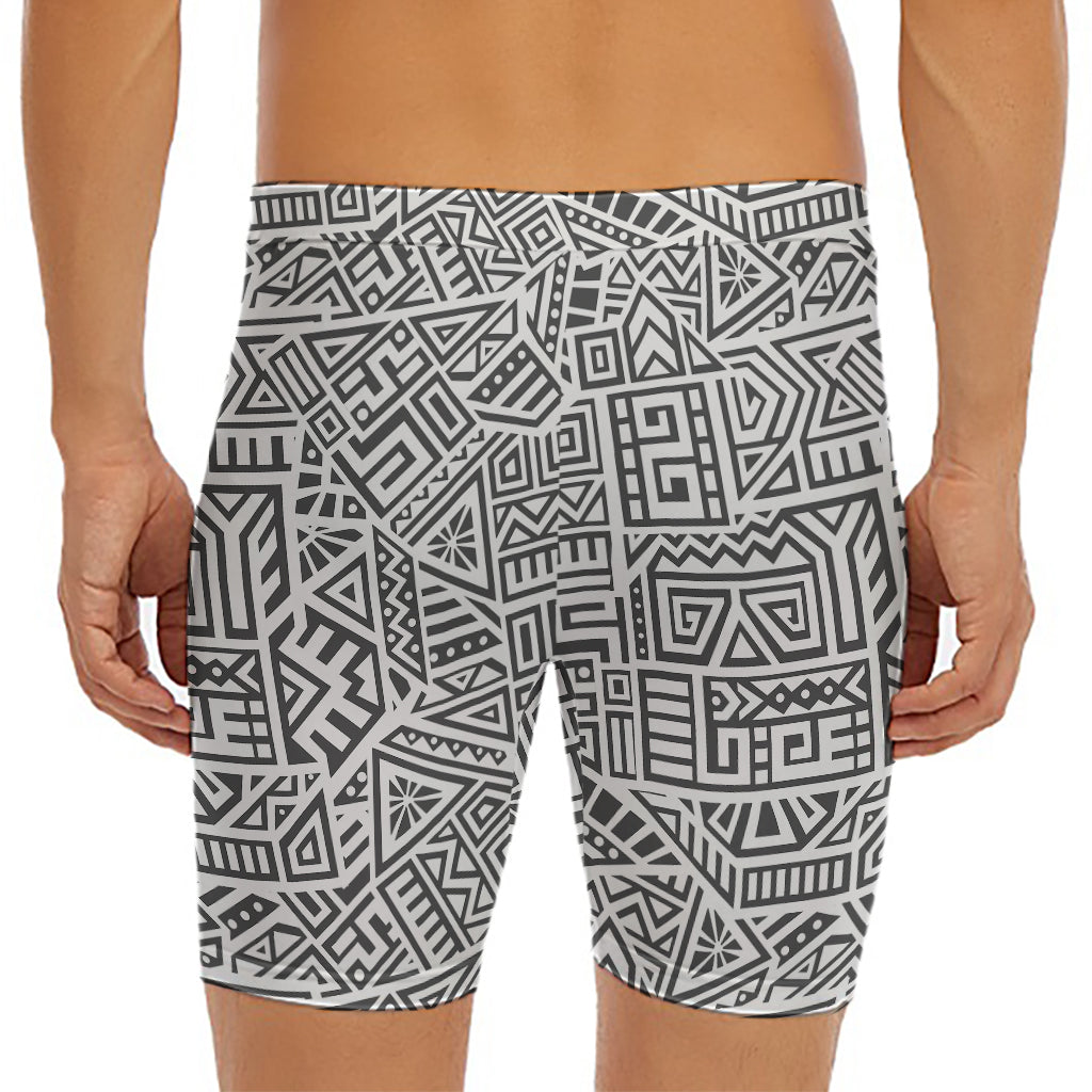 Grey And White Aztec Pattern Print Men's Long Boxer Briefs