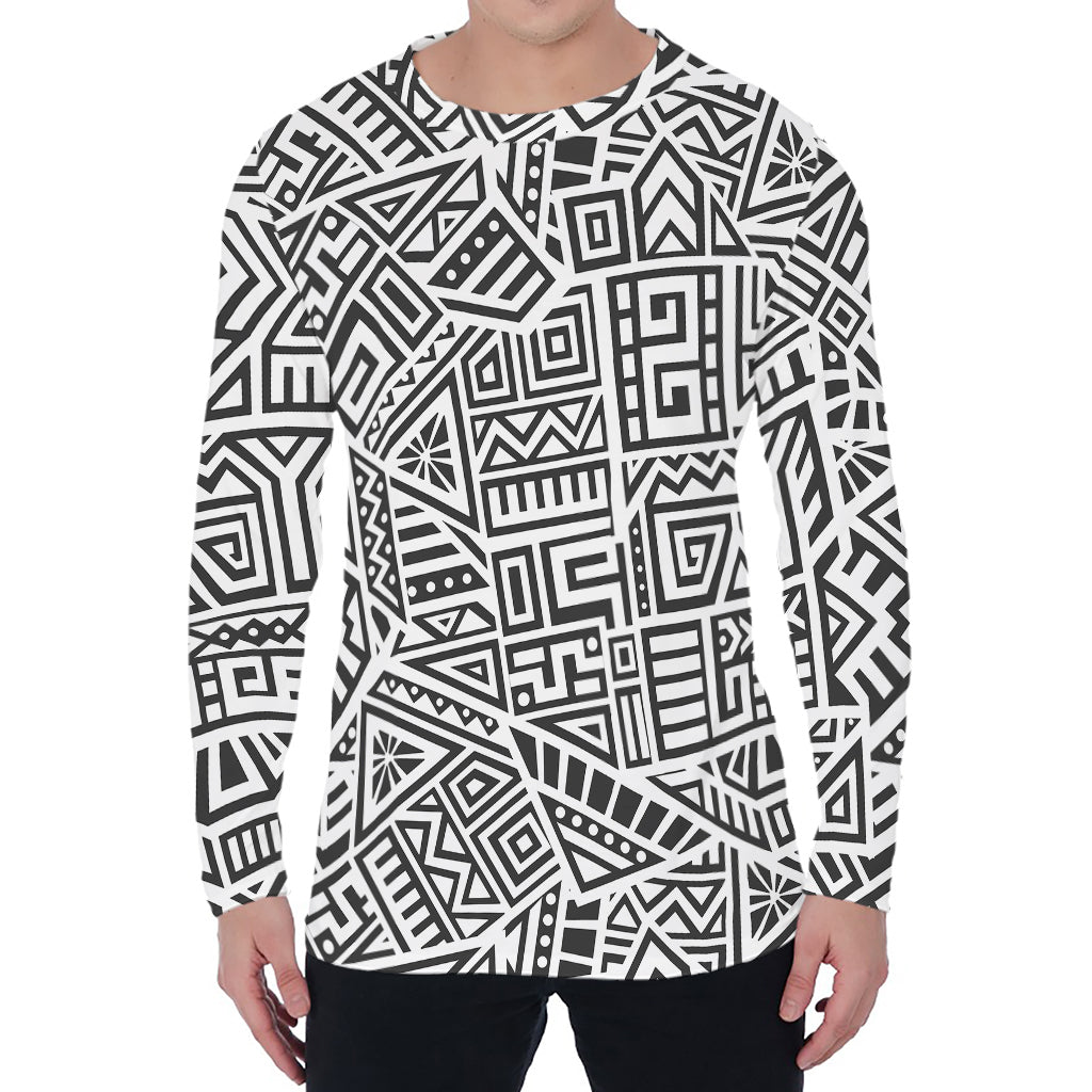 Grey And White Aztec Pattern Print Men's Long Sleeve T-Shirt