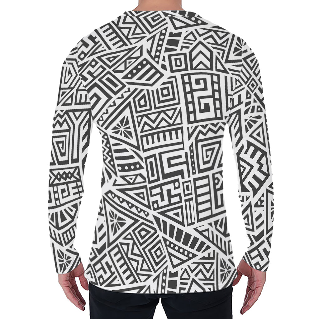 Grey And White Aztec Pattern Print Men's Long Sleeve T-Shirt
