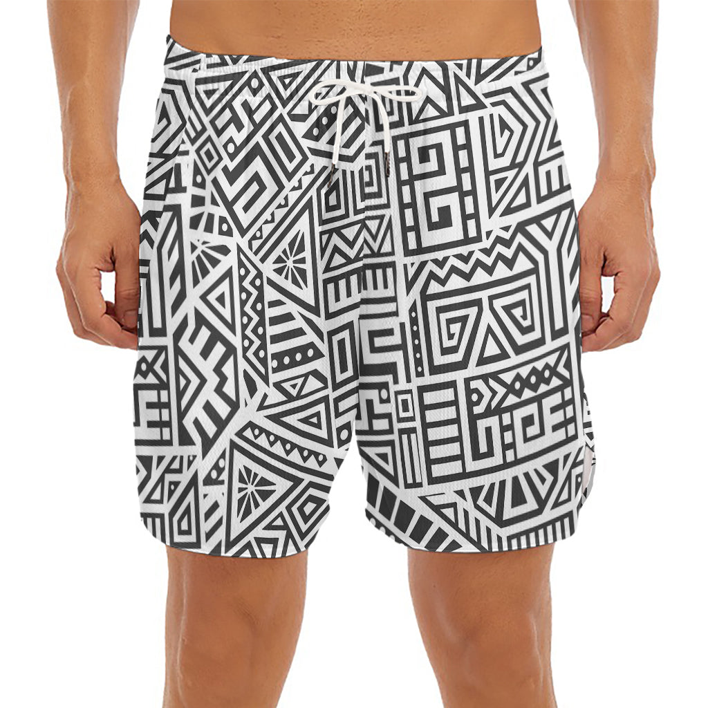 Grey And White Aztec Pattern Print Men's Split Running Shorts