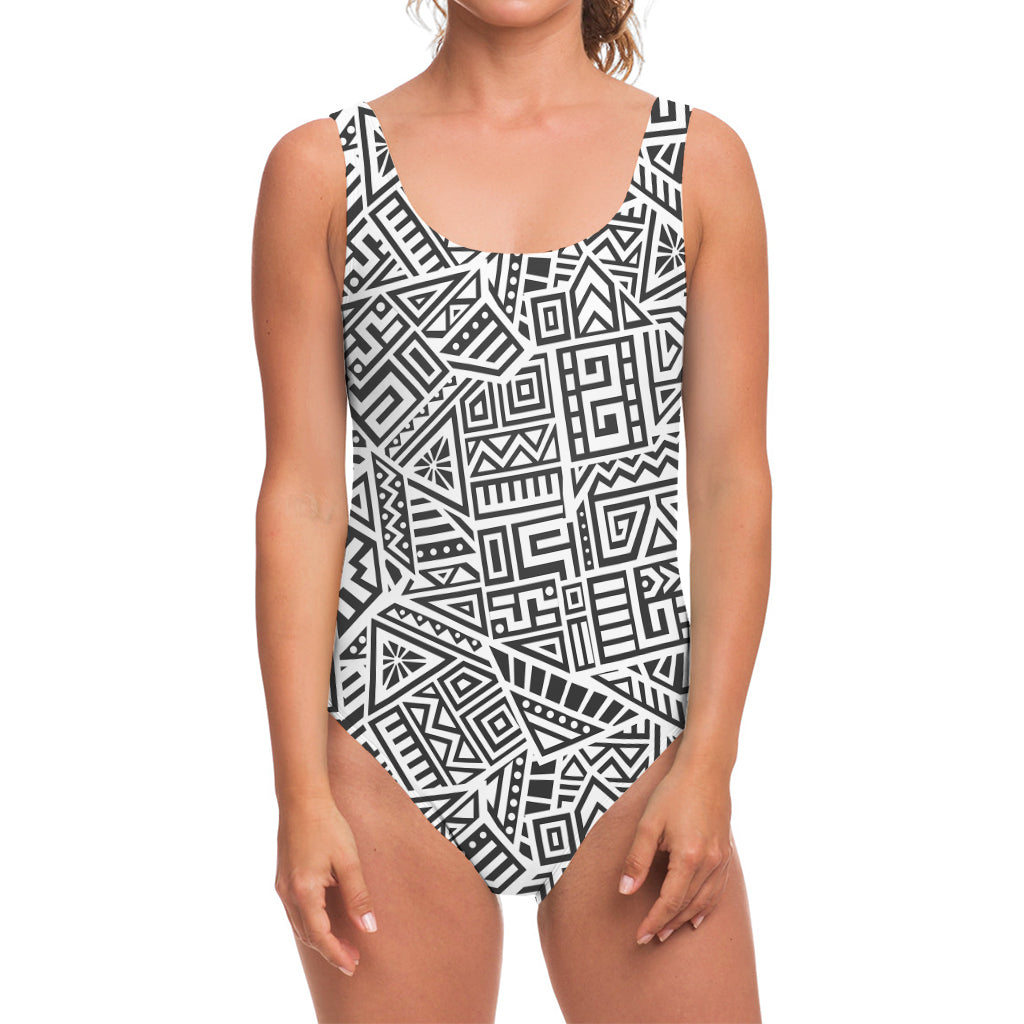 Grey And White Aztec Pattern Print One Piece Swimsuit