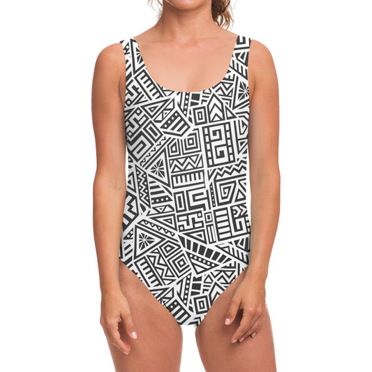 Grey And White Aztec Pattern Print One Piece Swimsuit