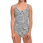Grey And White Aztec Pattern Print One Piece Swimsuit