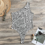Grey And White Aztec Pattern Print One Shoulder Bodysuit