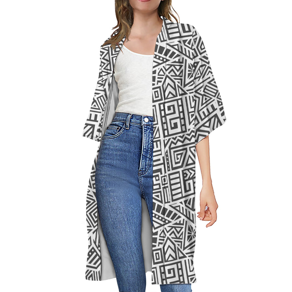 Grey And White Aztec Pattern Print Open Front Beach Cover Up