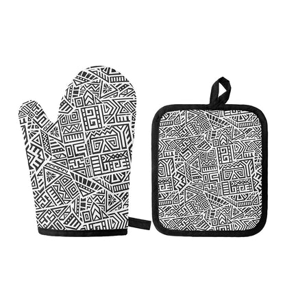 Grey And White Aztec Pattern Print Oven Mitt And Pot Holder Set