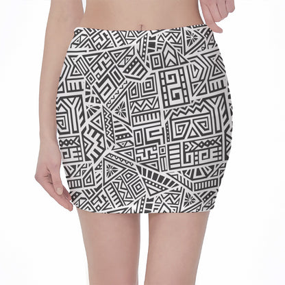 Grey And White Aztec Pattern Print Pencil Mini Skirt