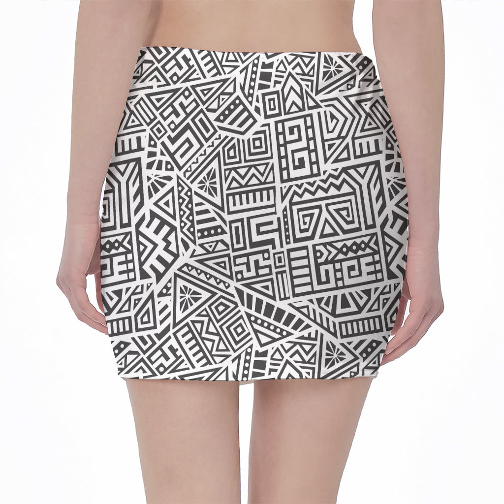 Grey And White Aztec Pattern Print Pencil Mini Skirt