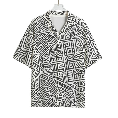Grey And White Aztec Pattern Print Rayon Hawaiian Shirt
