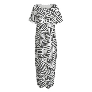 Grey And White Aztec Pattern Print Short Sleeve Long Nightdress