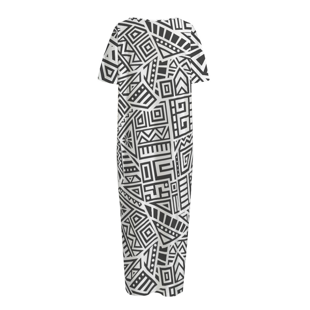 Grey And White Aztec Pattern Print Short Sleeve Long Nightdress