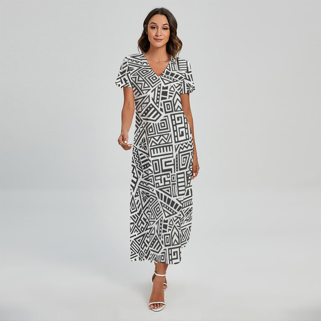 Grey And White Aztec Pattern Print Short Sleeve Maxi Dress