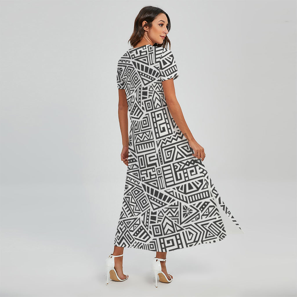 Grey And White Aztec Pattern Print Short Sleeve Maxi Dress