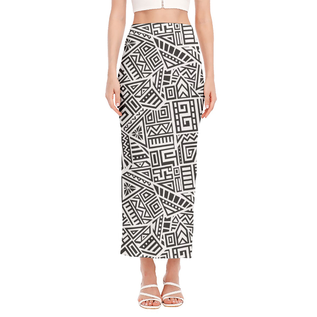 Grey And White Aztec Pattern Print Side Slit Maxi Skirt