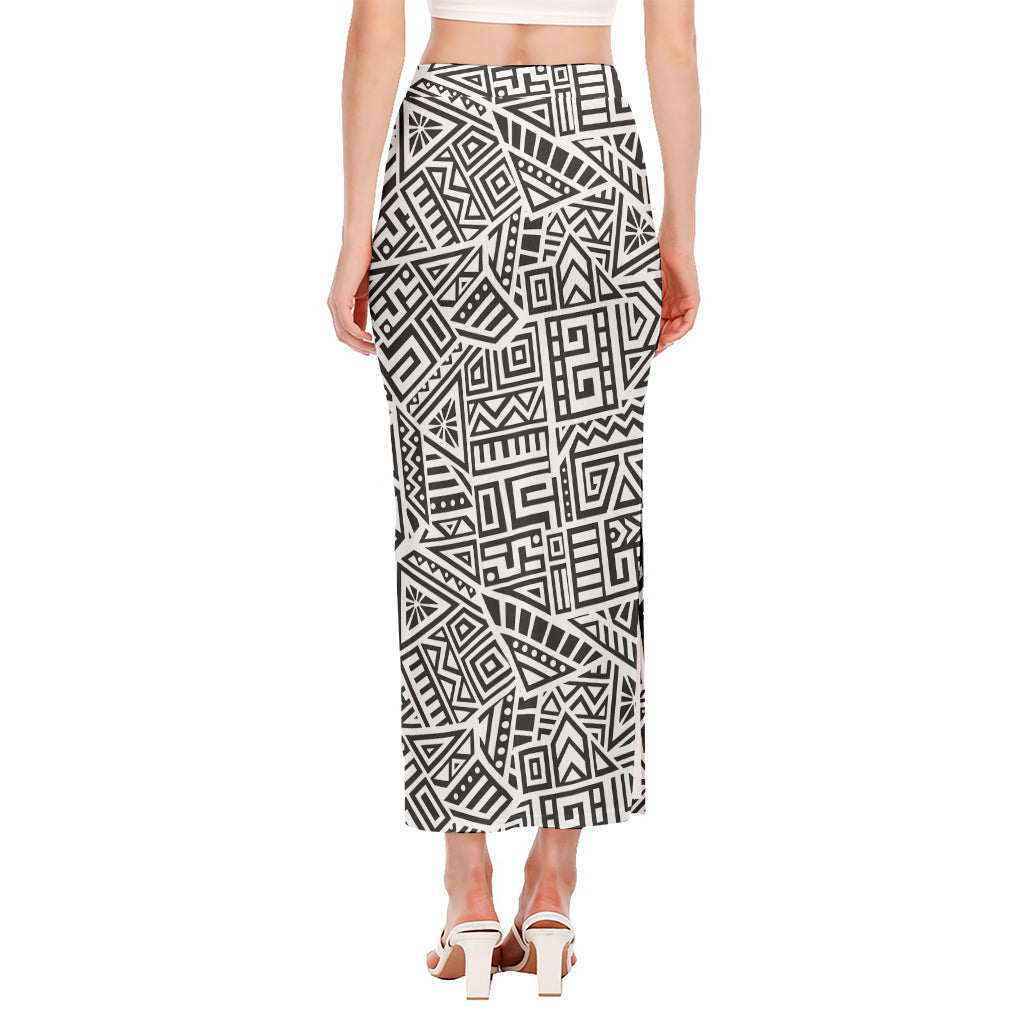 Grey And White Aztec Pattern Print Side Slit Maxi Skirt