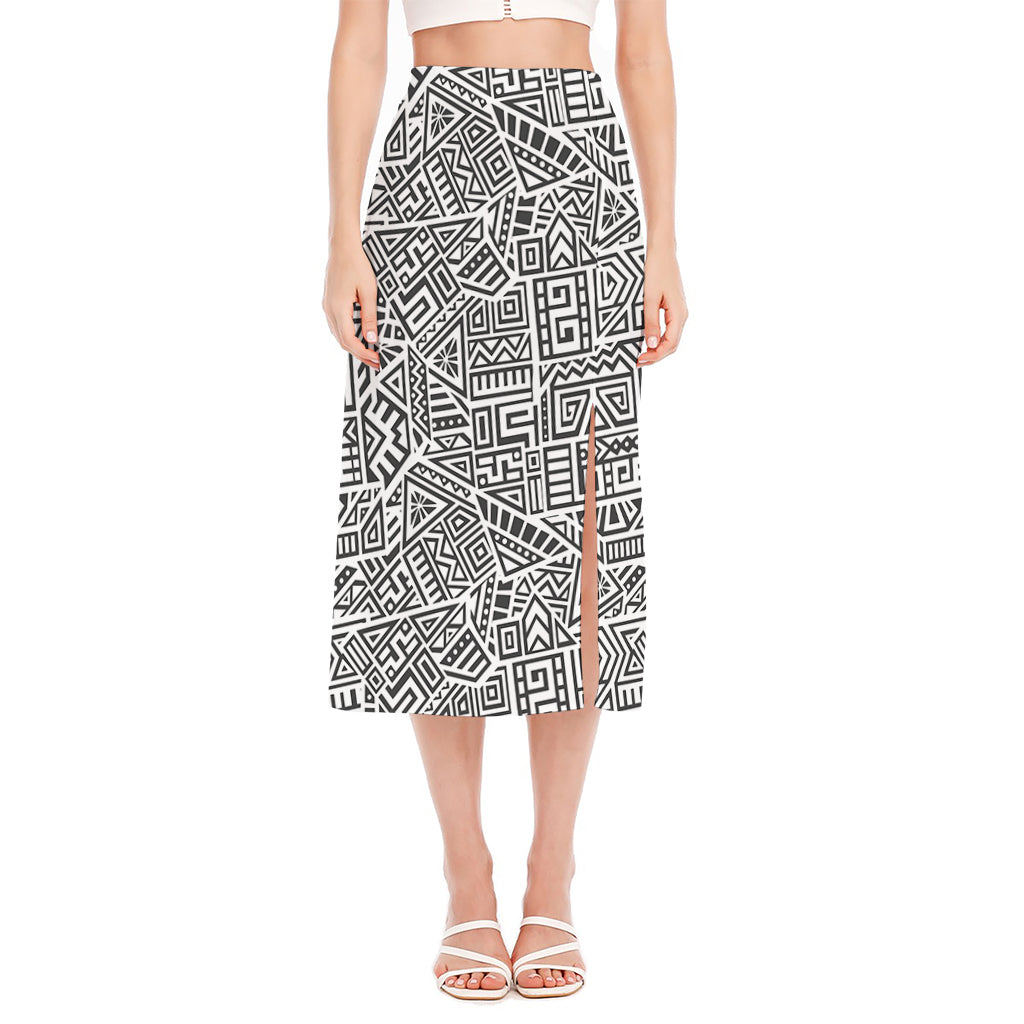 Grey And White Aztec Pattern Print Side Slit Midi Skirt