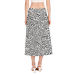 Grey And White Aztec Pattern Print Side Slit Midi Skirt