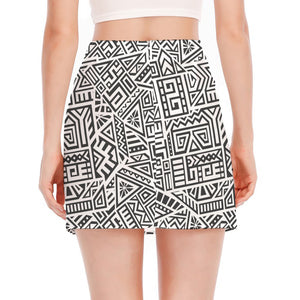 Grey And White Aztec Pattern Print Side Slit Mini Skirt